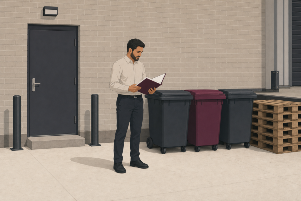 Illustration of a commercial tenant reviewing lease documents outside business premises beside waste bins and loading area, representing responsibility for gardens and exterior maintenance.