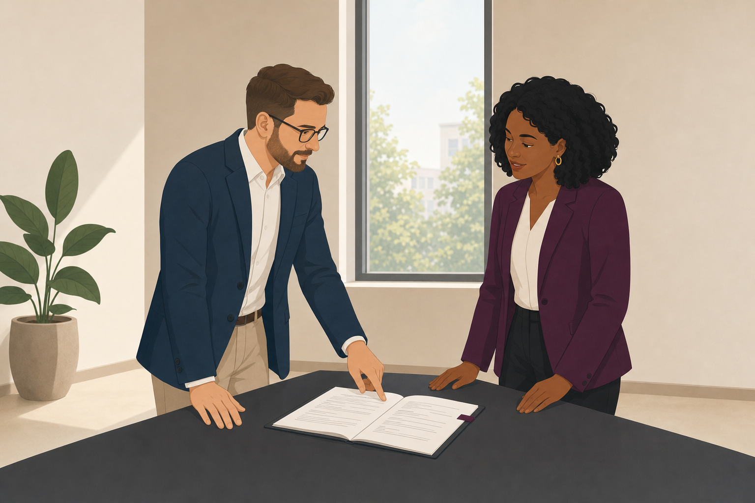 Illustration of a commercial landlord and tenant reviewing the terms of a commercial lease together across a meeting table.