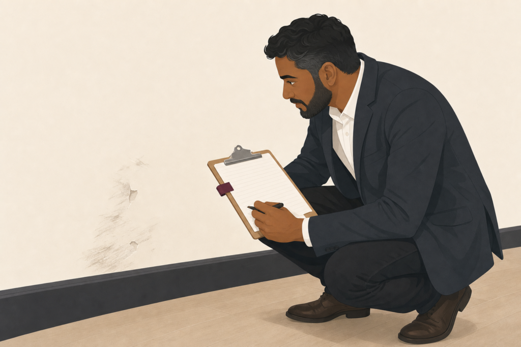 Illustration of a commercial tenant inspecting damage to an internal wall while recording findings on a clipboard during a property assessment.