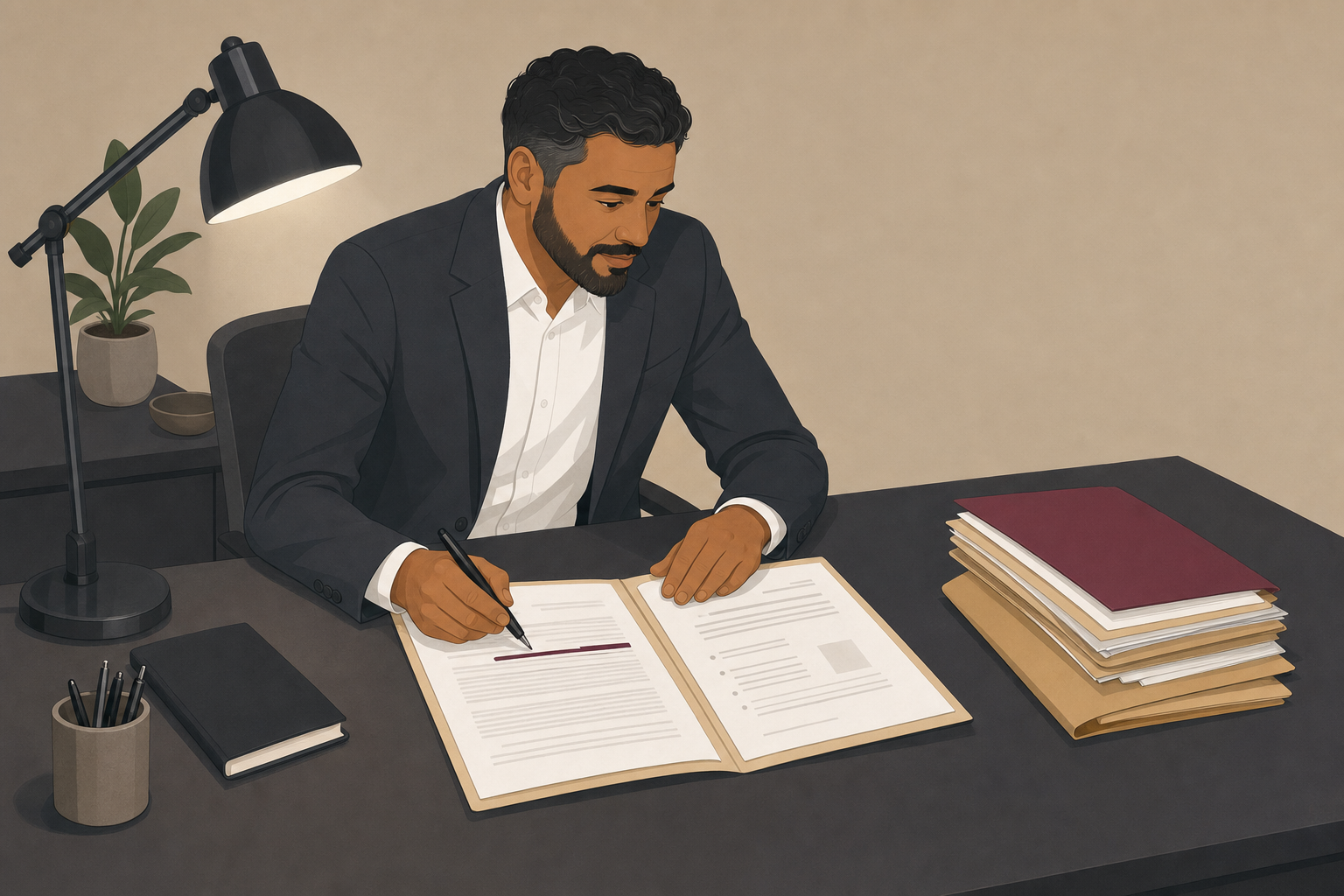 Illustration of a commercial property solicitor reviewing lease documents and preparing legal advice for a landlord and tenant dispute.