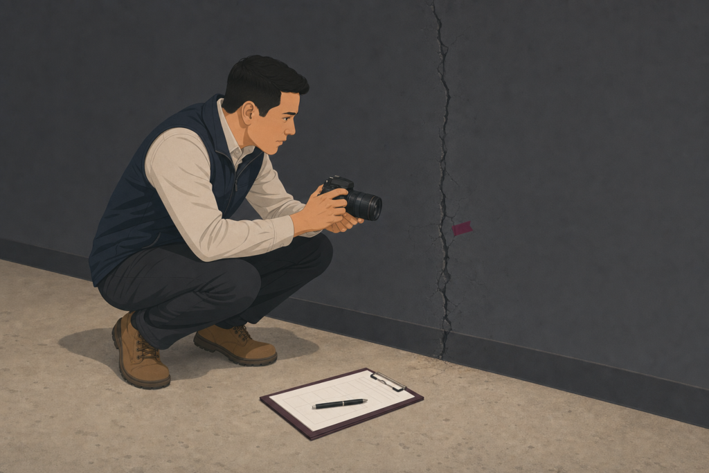 Illustration of a building surveyor photographing a cracked internal wall to document property condition evidence during a commercial lease dispute.