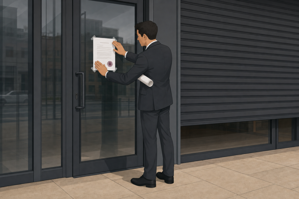 Illustration of a commercial landlord serving a rent arrears or eviction notice on the entrance door of commercial premises.