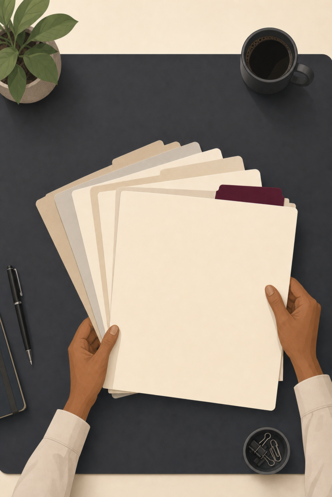 Illustration of an overhead view of a professional reviewing a selection of project folders at a desk, representing different alternatives and complementary forms of construction project security.