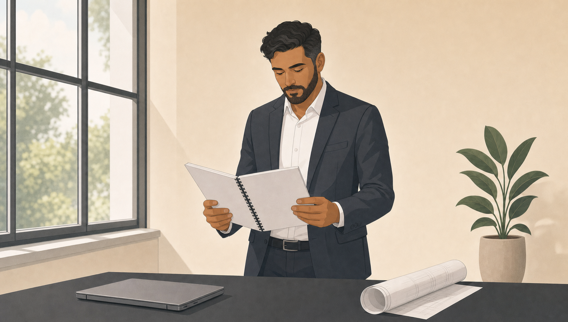 Illustration of a construction professional reviewing project documents beside architectural plans and a laptop, illustrating the management of performance bonds in construction projects.