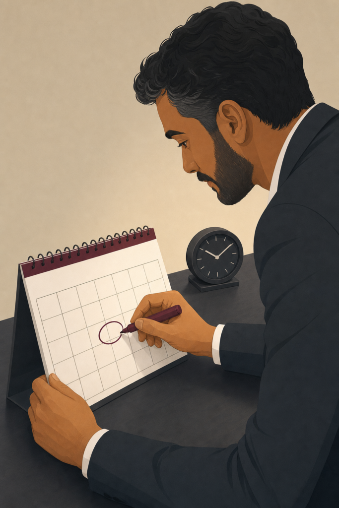 Illustration of construction professional marking a date on a desk calendar beside a clock, illustrating the importance of meeting deadlines when making a performance bond claim.