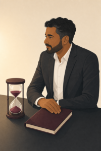Illustration of a company director seated beside an hourglass and company records, illustrating the time-sensitive duties and responsibilities directors face when a business enters a Creditors’ Voluntary Liquidation.