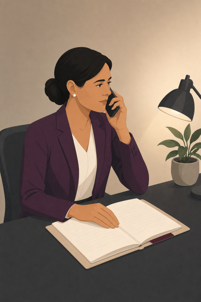 Tenant on the phone with an open notebook, reporting an illegal landlord in the UK