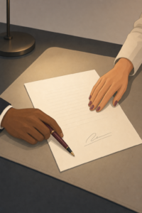 Illustration of two people signing a formal document at a desk, representing a negotiated exit or settlement agreement.