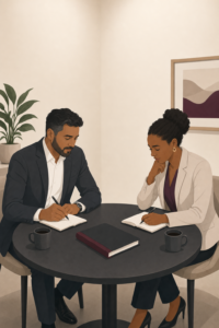 Illustration of two business people sitting at a round table, each writing in separate notebooks with a shared document between them, representing a breakdown in trust between company shareholders or directors.