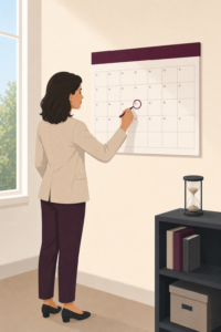 Illustration of a woman marking a date on a wall calendar with a magnifying glass, with an hourglass on a nearby shelf, representing the duration and time-limited nature of spousal maintenance payments.