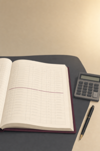 Illustration of an open financial ledger beside a calculator and pen on a desk, representing the assessment of spousal maintenance as taxable income.