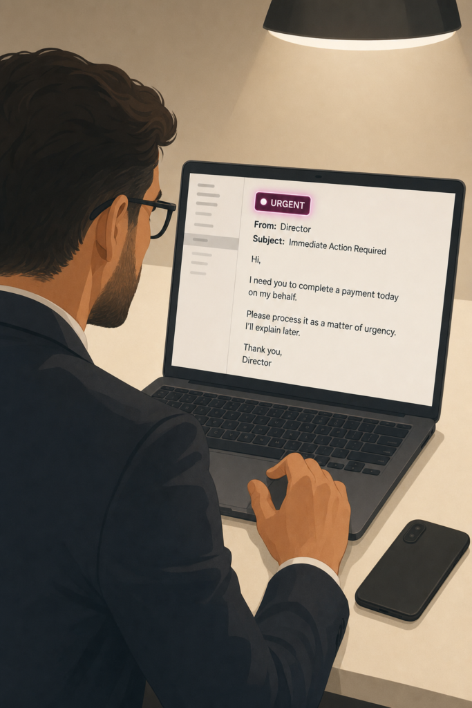 Illustration of Business professional reading an urgent email on a laptop requesting an immediate payment on behalf of a director, illustrating the risk of business email compromise.