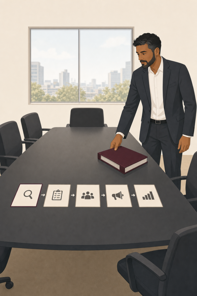 Illustration of Business professional in a meeting room reviewing a folder beside a five-step incident response process represented by investigation, assessment, communication and recovery icons.