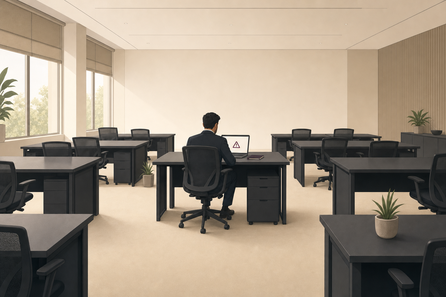 Illustration of Business professional working alone at a laptop in a modern office, with a warning symbol displayed on the screen to represent a potential cyber security incident.