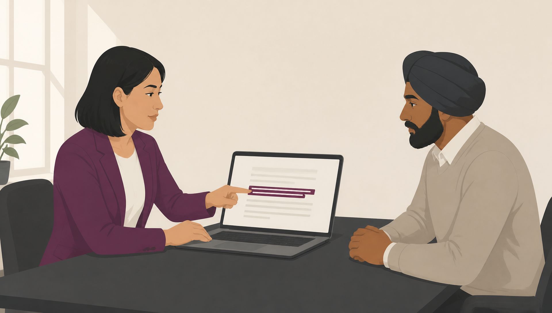 Illustration of a solicitor explaining declaratory relief procedures to a client using legal documents displayed on a laptop screen.