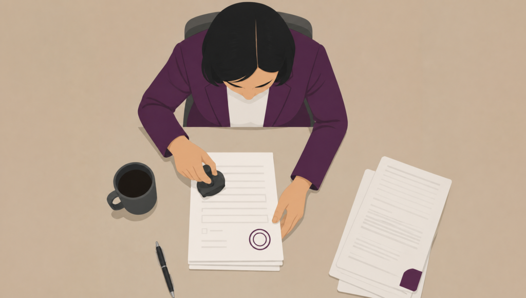 Illustration of a legal professional applying an official stamp to court documents as part of the declaratory relief application process.