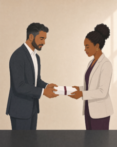 Illustration of a company director handing documents to an insolvency professional, representing the transfer of information and responsibilities during a Creditors’ Voluntary Liquidation and its impact on employees and creditors.
