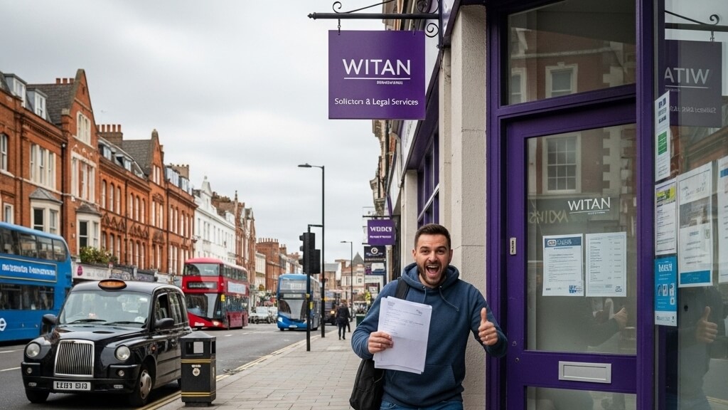 Man with documents outside Witan Solicitors