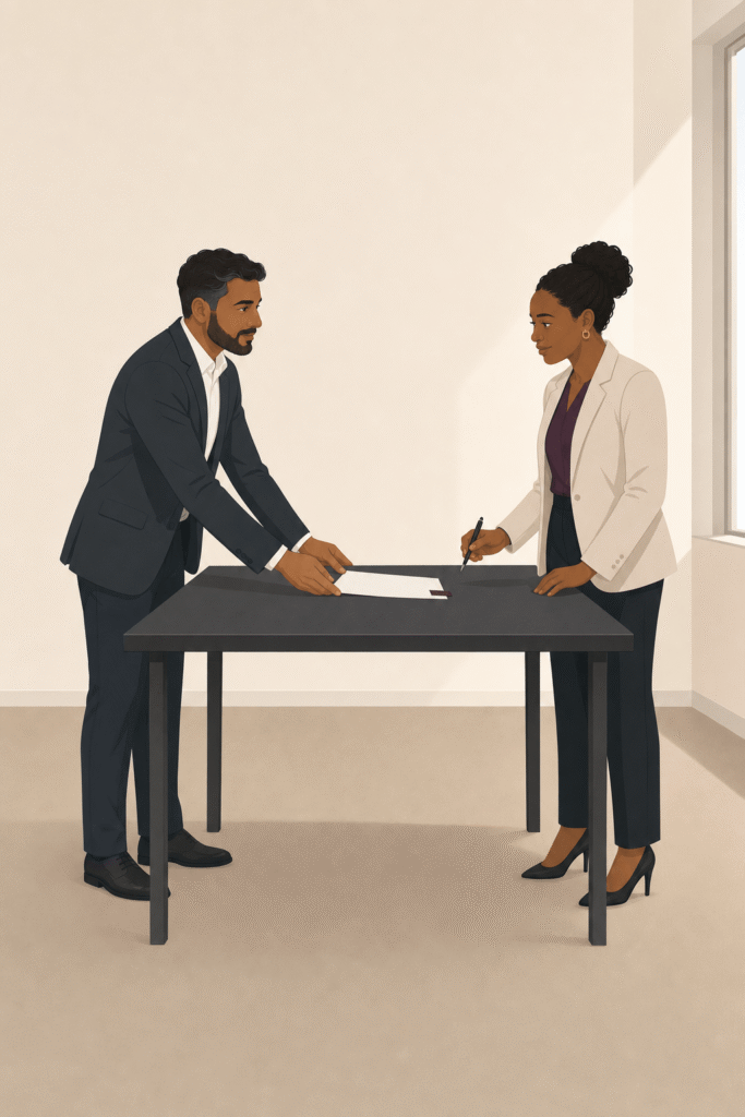  a solicitor and a director stand at either end of a table. The solicitor is passing a document over for the director to sign.
