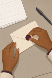 Close-up of hands sealing an envelope to deliver the section 17 claim