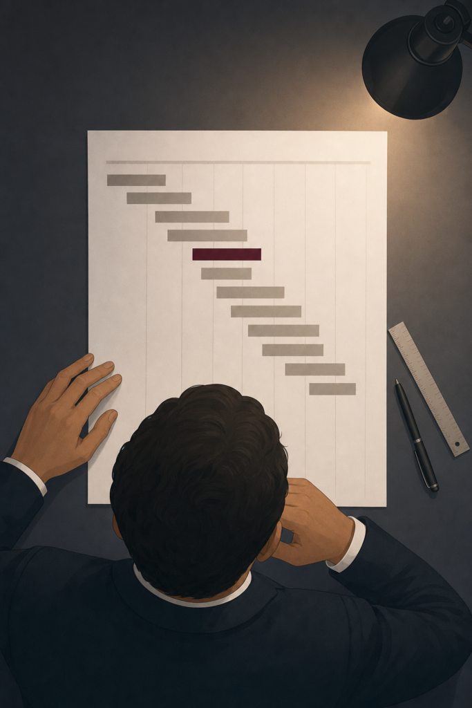 A birdseye view of a person wearing a suit, sat at a desk and looking over a timeline chart, with one set of dates picked out in purple.