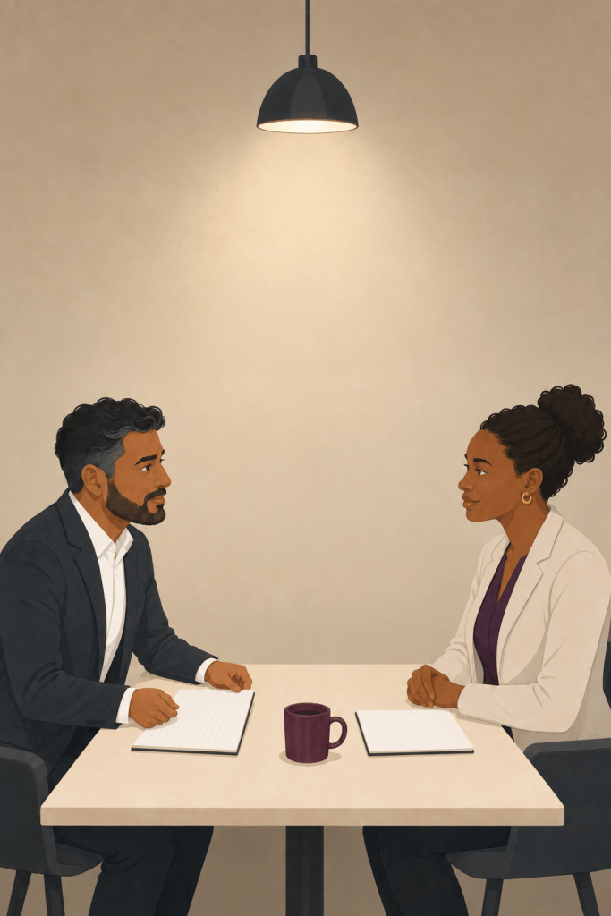 Landlord and tenant negotiating face to face to resolve a commercial landlord tenant dispute