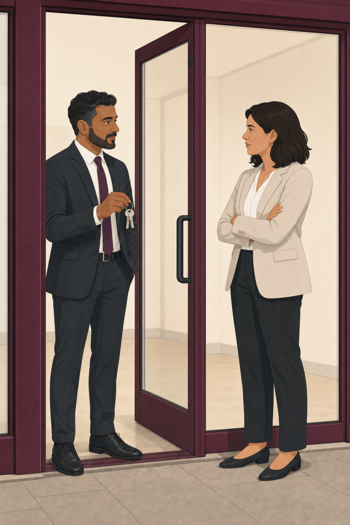 Landlord with keys and a tenant with folded arms at a shop door, a dispute over access for emergency repairs