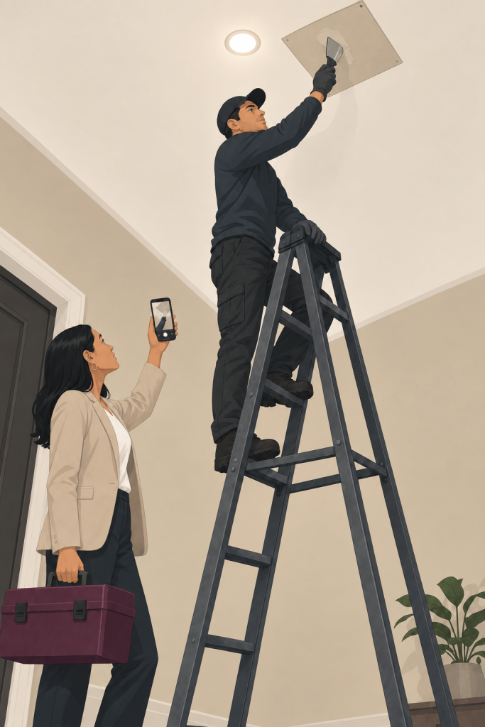 Tenant photographing a contractor patching a ceiling in an emergency repair to commercial premises