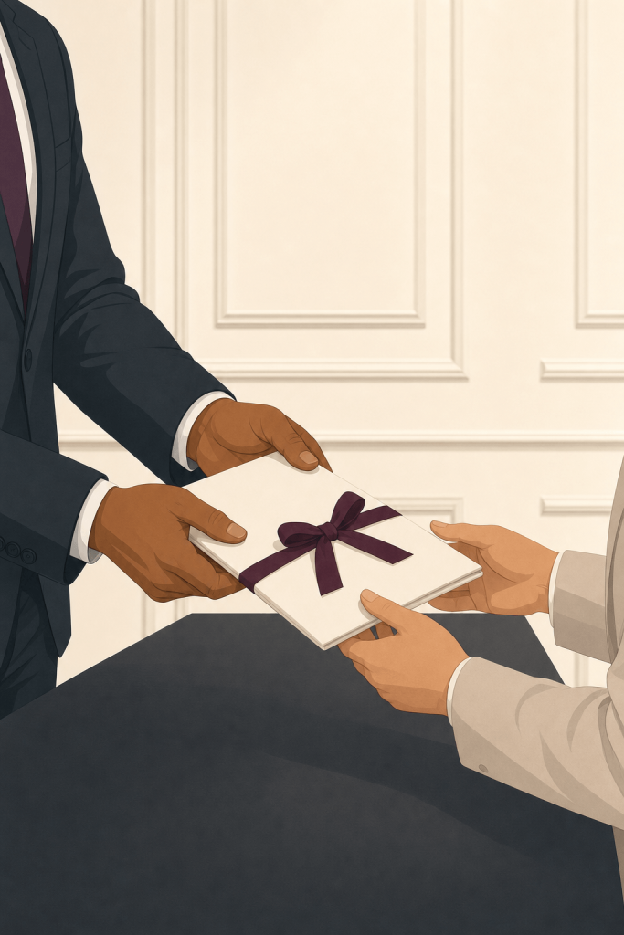Two people passing a document tied with a ribbon, showing the removal of a trustee