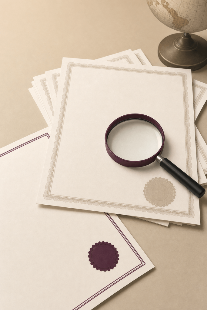 Property deed and certificates under a magnifying glass for the valuation of overseas assets in divorce