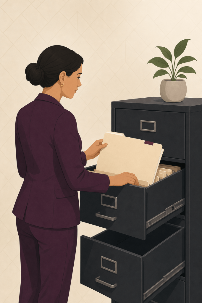 Woman pulling a folder from a filing cabinet while searching for undisclosed overseas assets in divorce