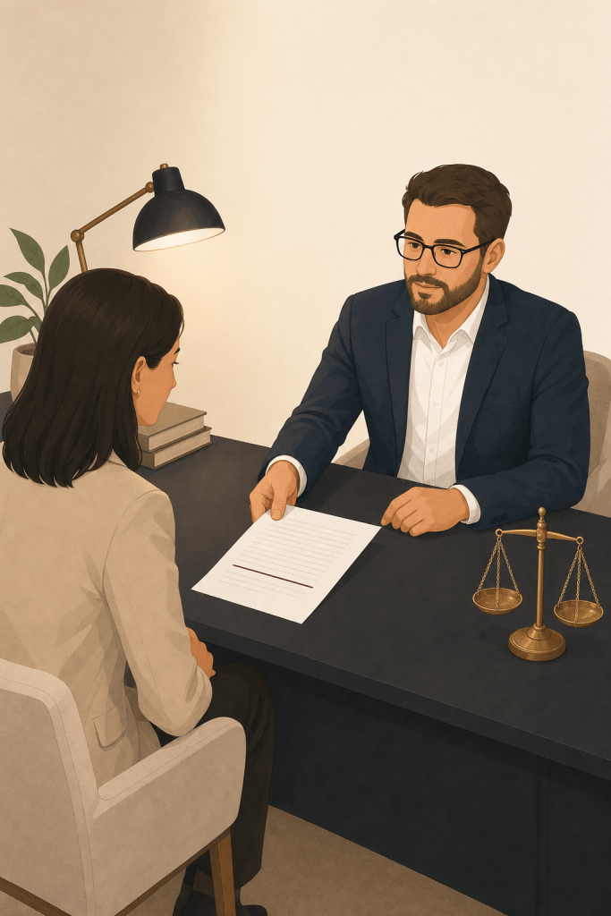 Two people at a desk with a document and balance scales, discussing a tenant’s legal remedies for a habitable property