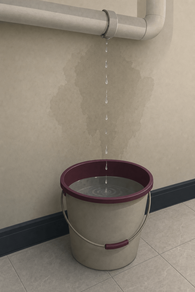 Bucket catching drips from a ceiling pipe in an uninhabitable property