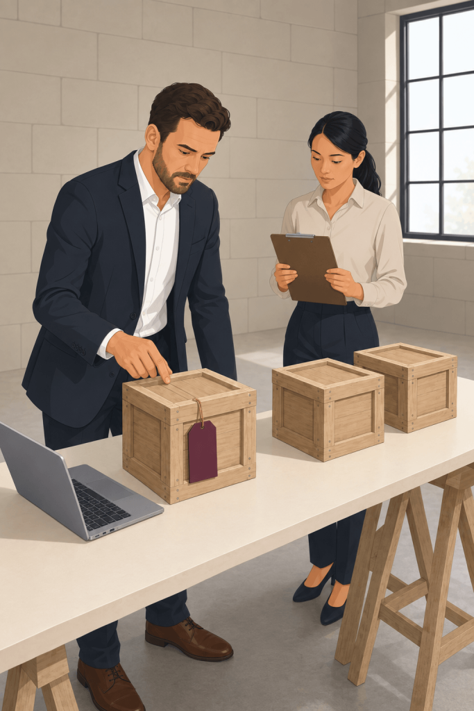 Valuer and colleague checking crates and a laptop to show how a business is marketed in a pre-pack administration