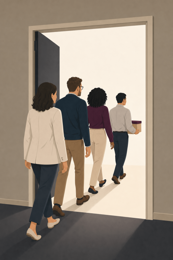 Employees walking through a doorway to show staff transferring to the buyer in a pre-pack administration