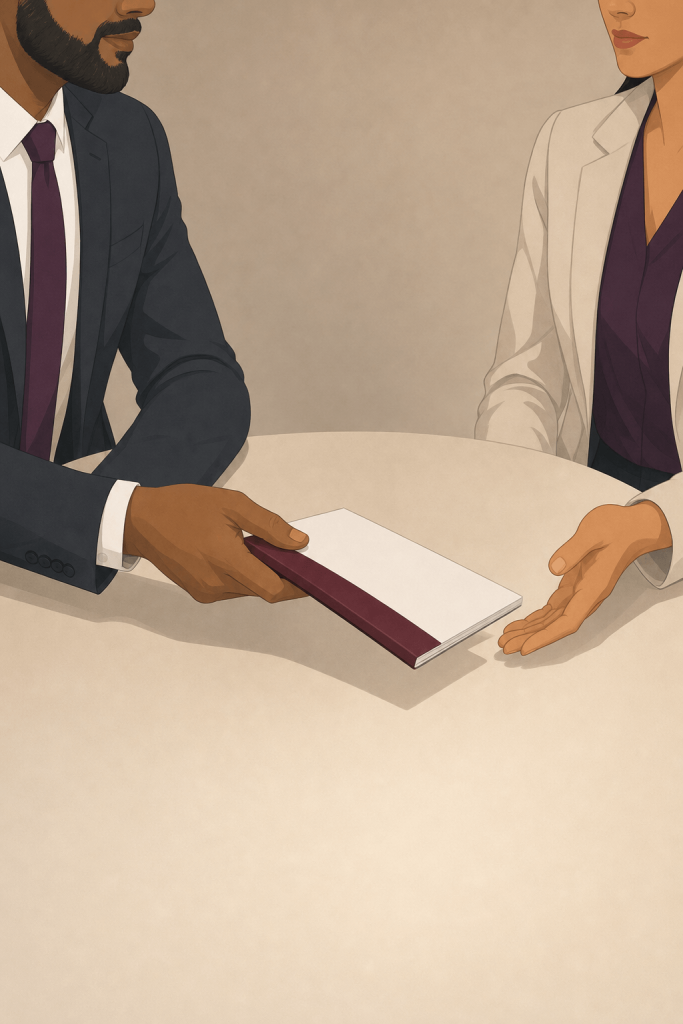 Buyer passing an evaluator's report across a table to an administrator in a SIP 16 connected party sale