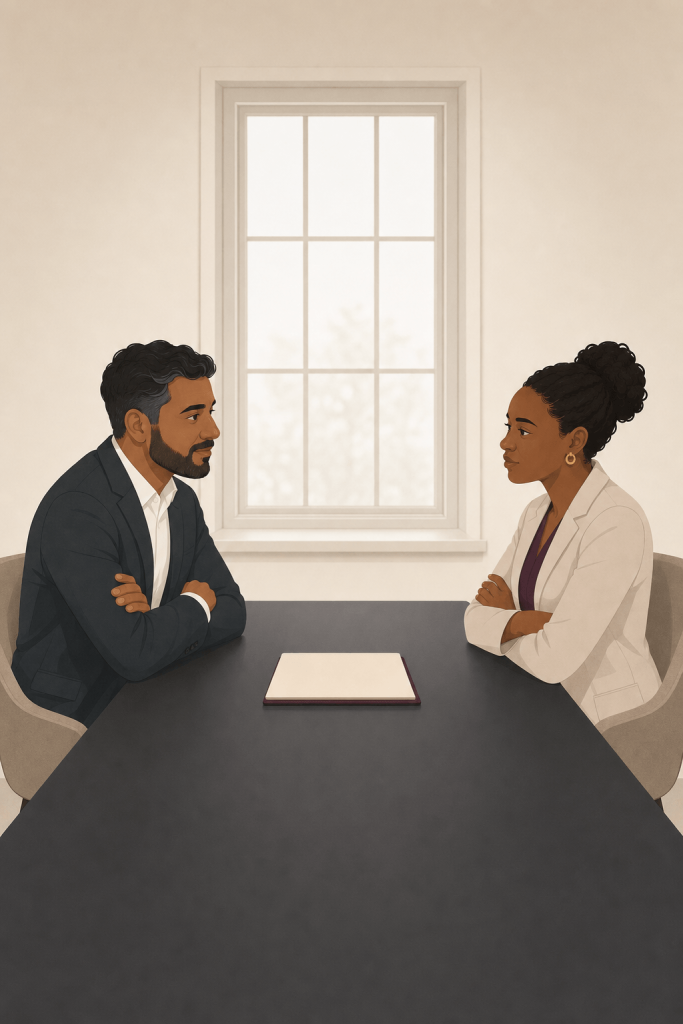 Two people with folded arms across a table in a dispute over an oral contract