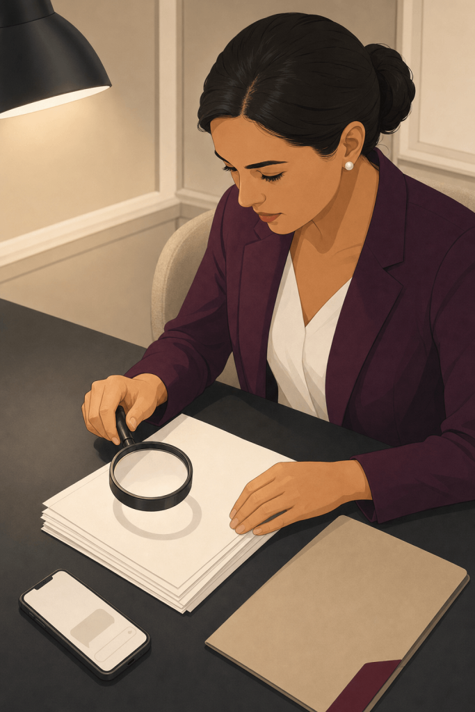 Woman using a magnifying glass on papers to prove the existence of an oral contract