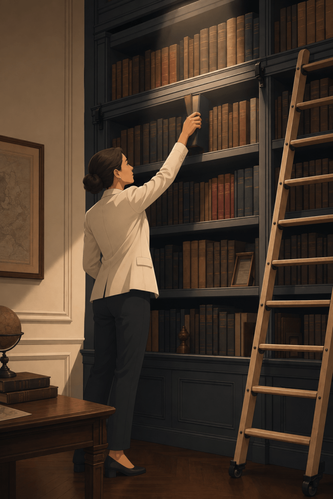Woman reaching for a law book on a high shelf, showing the history of champerty and maintenance