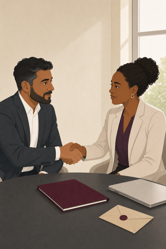 Two people shaking hands across a table over a folder, showing how champerty and maintenance affect litigation funding