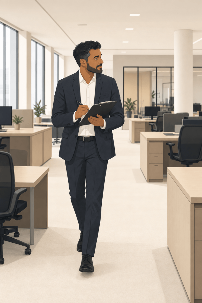 Employer walking through an open plan office with a clipboard to assess workplace harassment risk