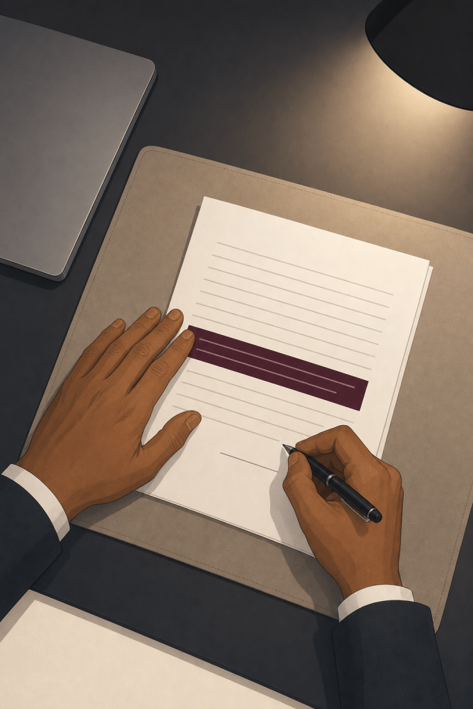 Hands signing a contract with one clause highlighted, representing a non-compete clause in an employment contract