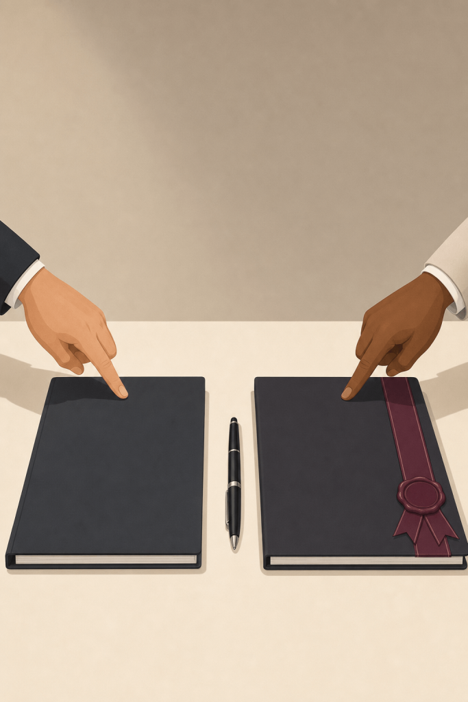 Two bound documents, one sealed as a deed, comparing limitation periods for a contract and a deed