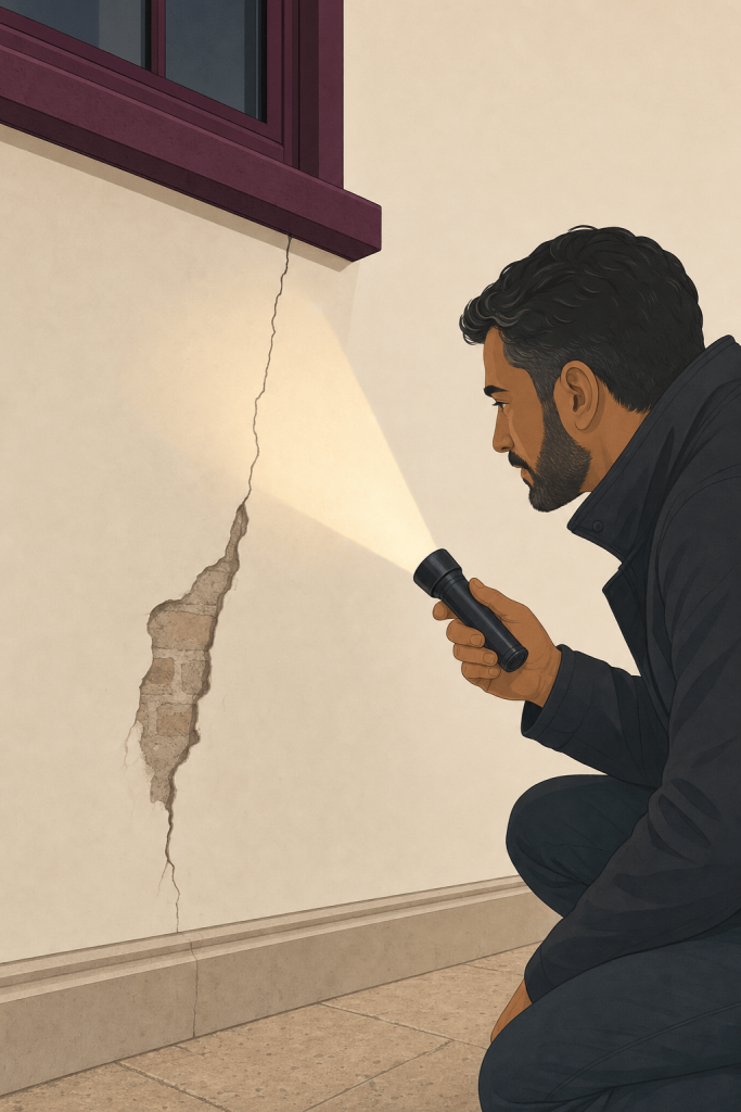 Surveyor shining a torch on a cracked wall to show a latent defect in construction claims