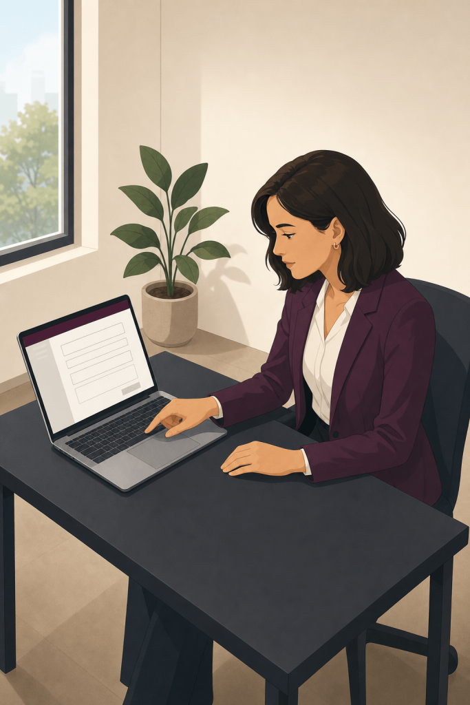Woman at a laptop with a blank form, appointing a company’s legal representative