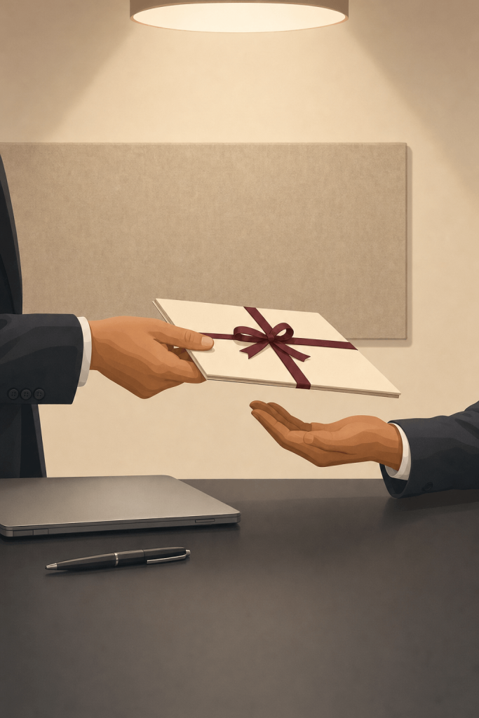 Person handing a ribboned document across a desk, showing what a company legal representative does