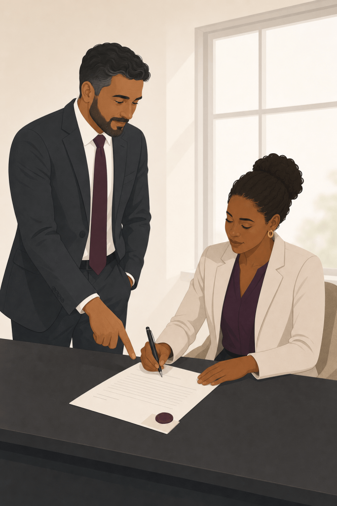 Solicitor pointing at the signature line as a woman signs a prenuptial or postnuptial agreement