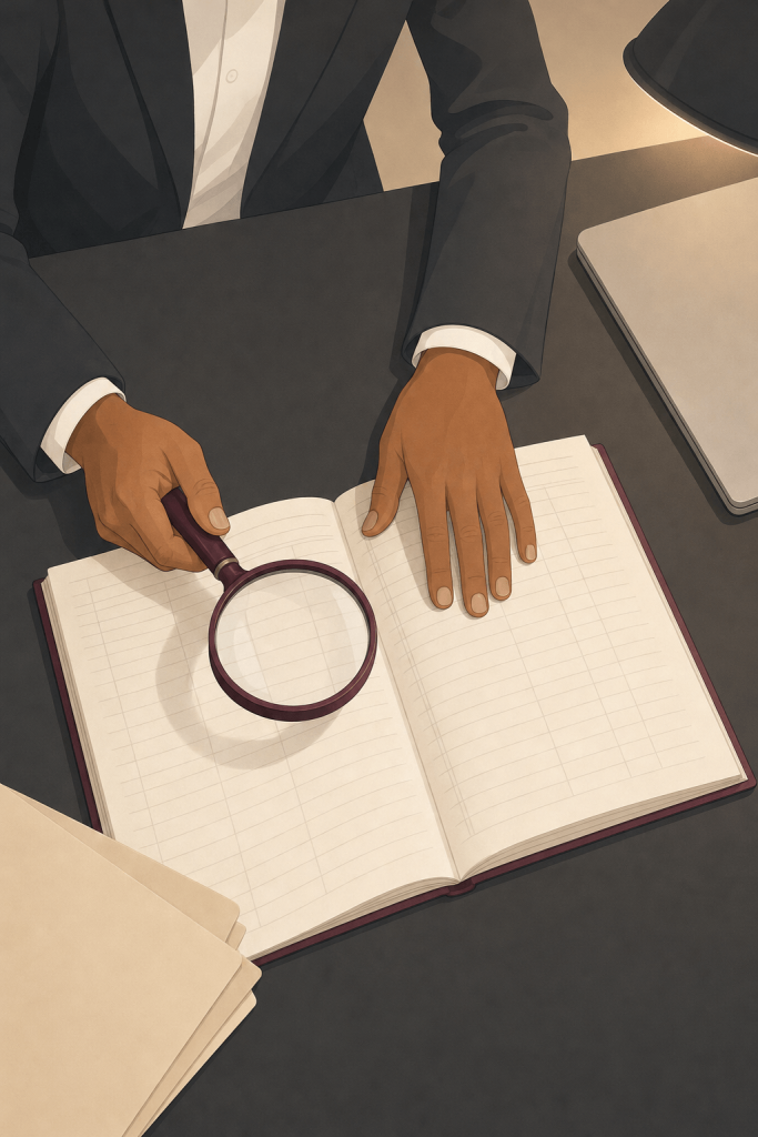 Magnifying glass over a ledger beside a laptop, valuing a limited company during divorce