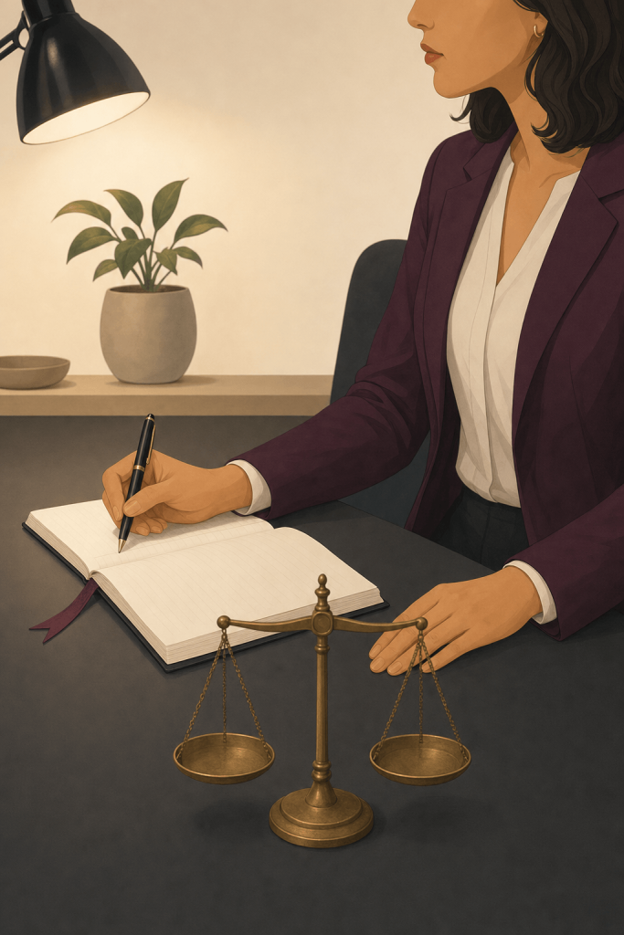 Woman with a pen over a ledger beside balanced scales, showing a trustee’s duties