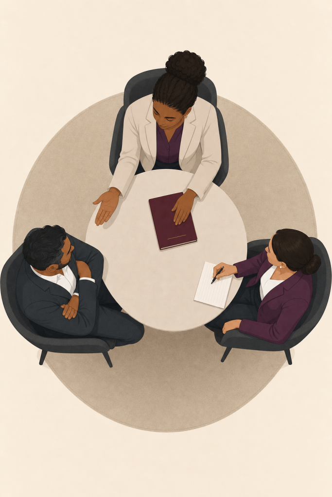 Mediator at a round table between two people, resolving a trustee who is not acting properly
